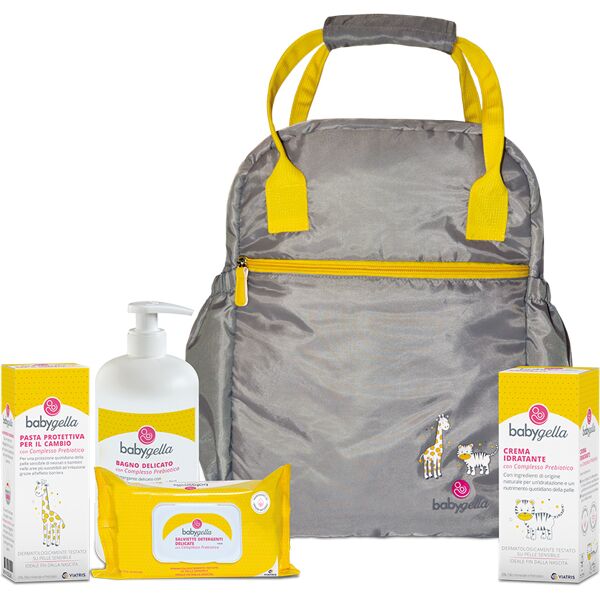 babygella borsa prebiotic 1 bagno 250 ml + 1 salviette 72 pezzi + 1 crema corpo 100 ml + 1 pasta protettiva 100 ml