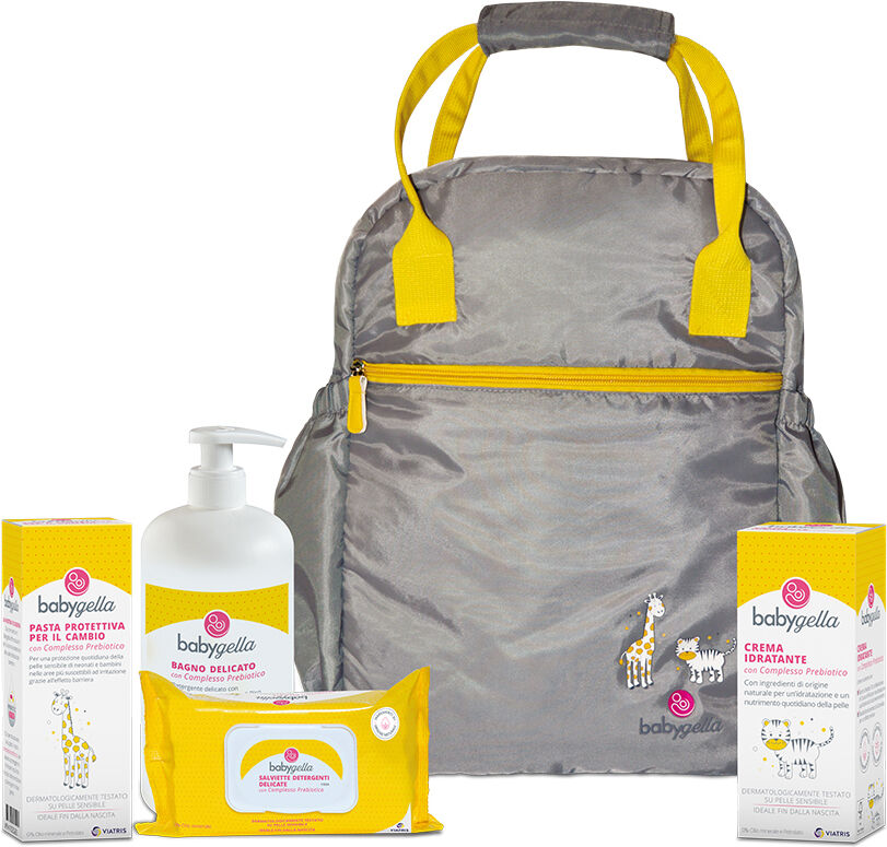 babygella borsa prebiotic 1 bagno 250 ml + 1 salviette 72 pezzi + 1 crema corpo 100 ml + 1 pasta protettiva 100 ml