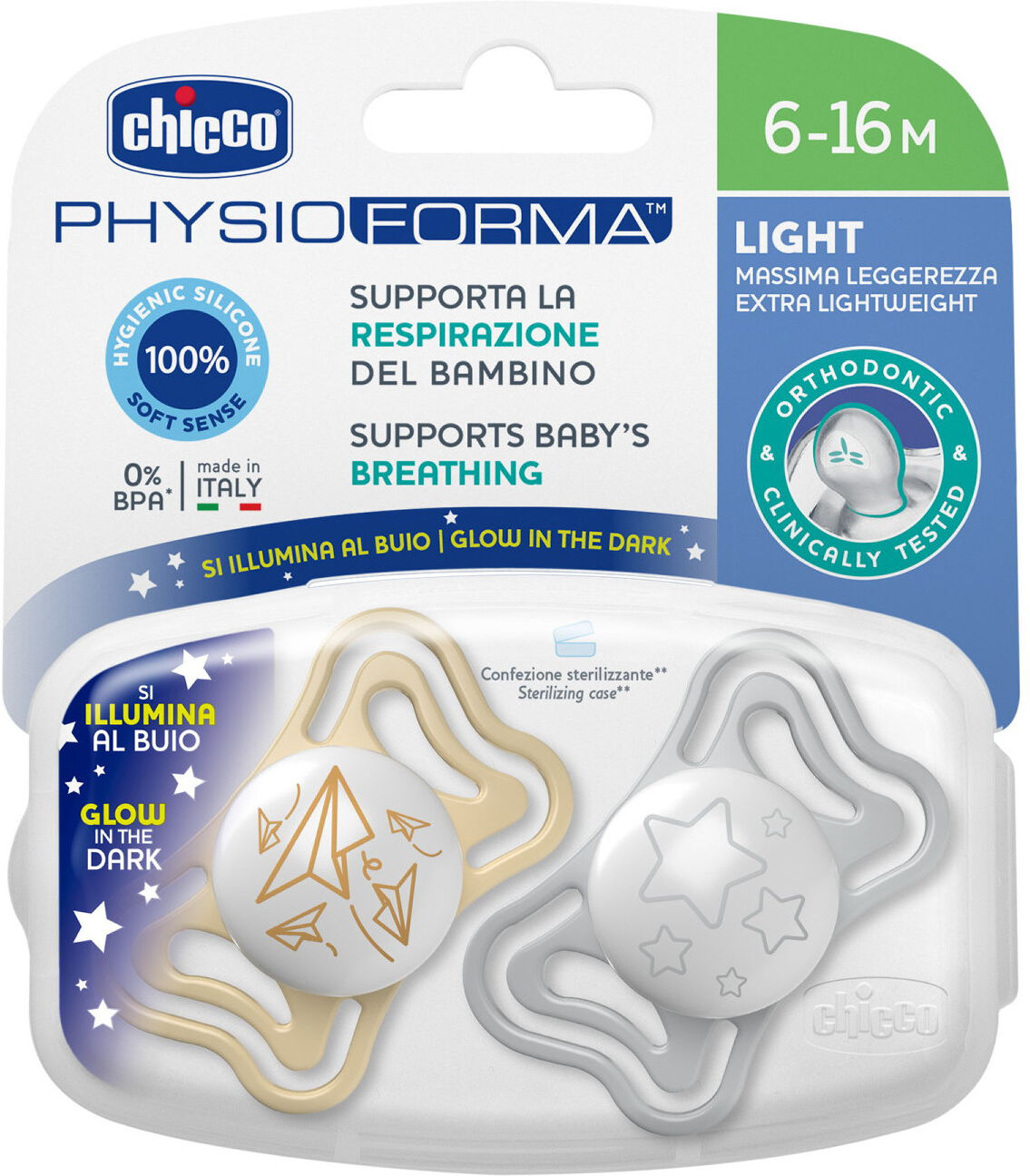 Chicco succhietto light lumi silicone 6-16m 2 pezzi