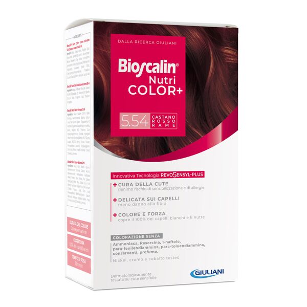 bioscalin nutricolor plus 5,54 castano rosso rame crema colorante 40 ml + rivelatore crema 60 ml + shampoo 12 ml + trattamento finale balsamo 12 ml