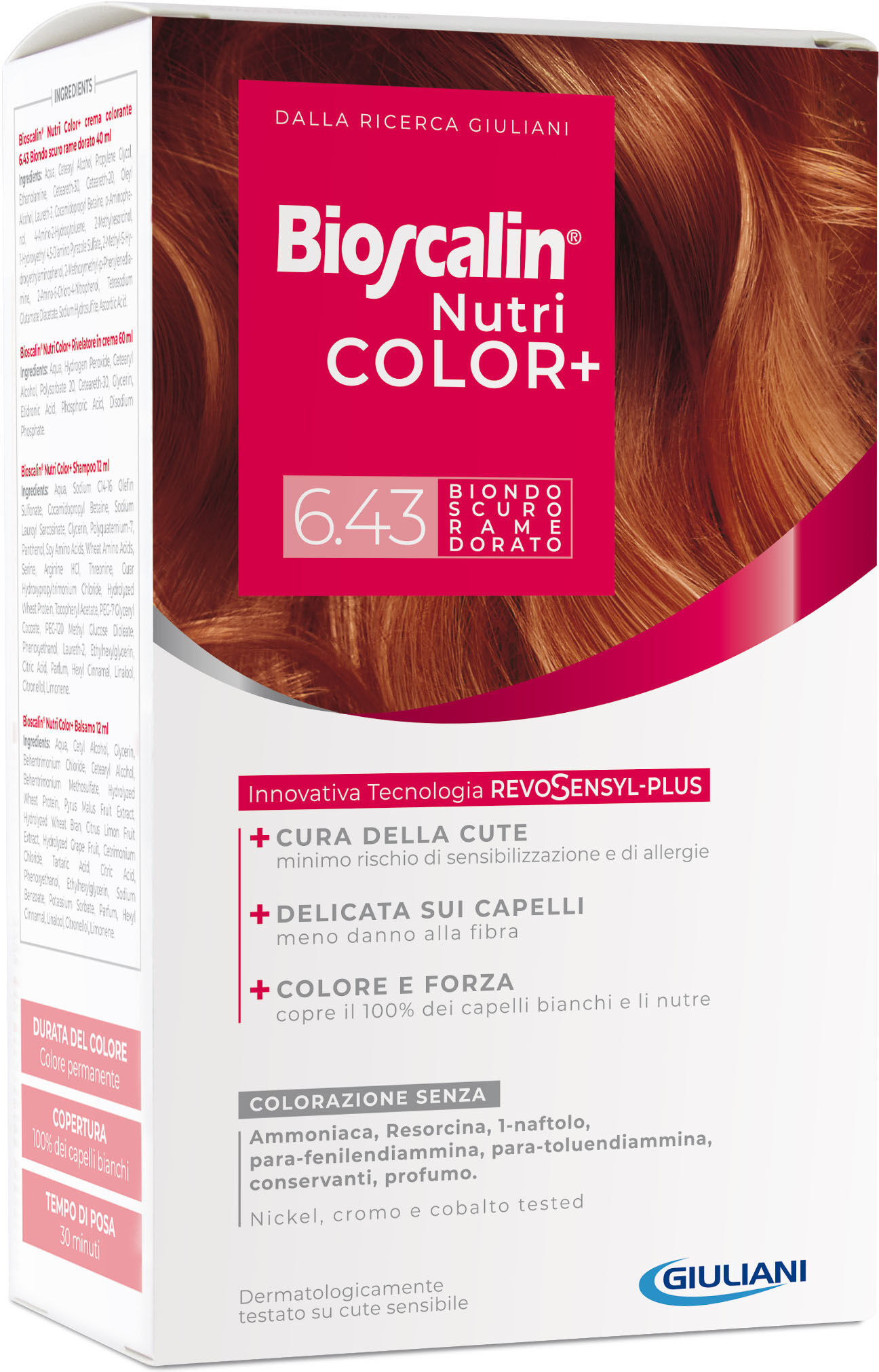 bioscalin nutricolor plus 6,43 biondo scuro rame dorato crema colorante 40 ml + rivelatore crema 60 ml + shampoo 12 ml + trattamento finale balsamo 12 ml