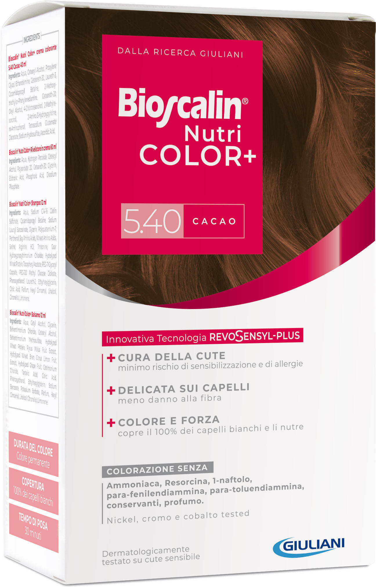 bioscalin nutricolor plus 5,40 cacao crema colorante 40 ml + rivelatore crema 60 ml + shampoo 12 ml + trattamento finale balsamo 12 ml