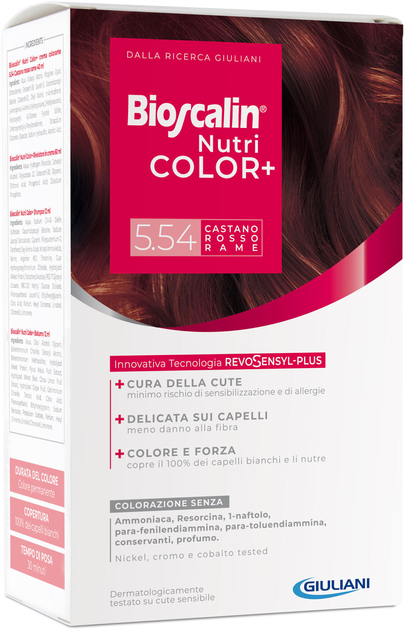 bioscalin nutricolor plus 5,54 castano rosso rame crema colorante 40 ml + rivelatore crema 60 ml + shampoo 12 ml + trattamento finale balsamo 12 ml