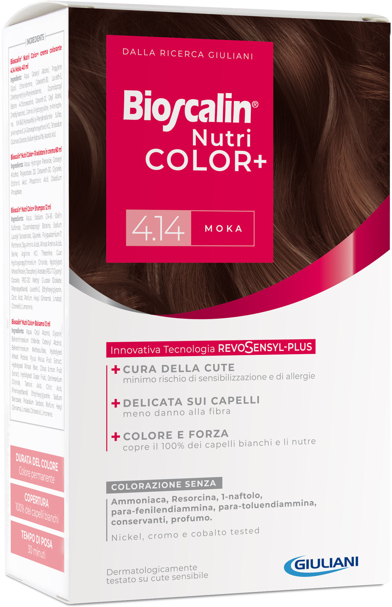 bioscalin nutricolor plus 4,14 moka crema colorante 40 ml + rivelatore crema 60 ml + shampoo 12 ml + trattamento finale balsamo 12 ml