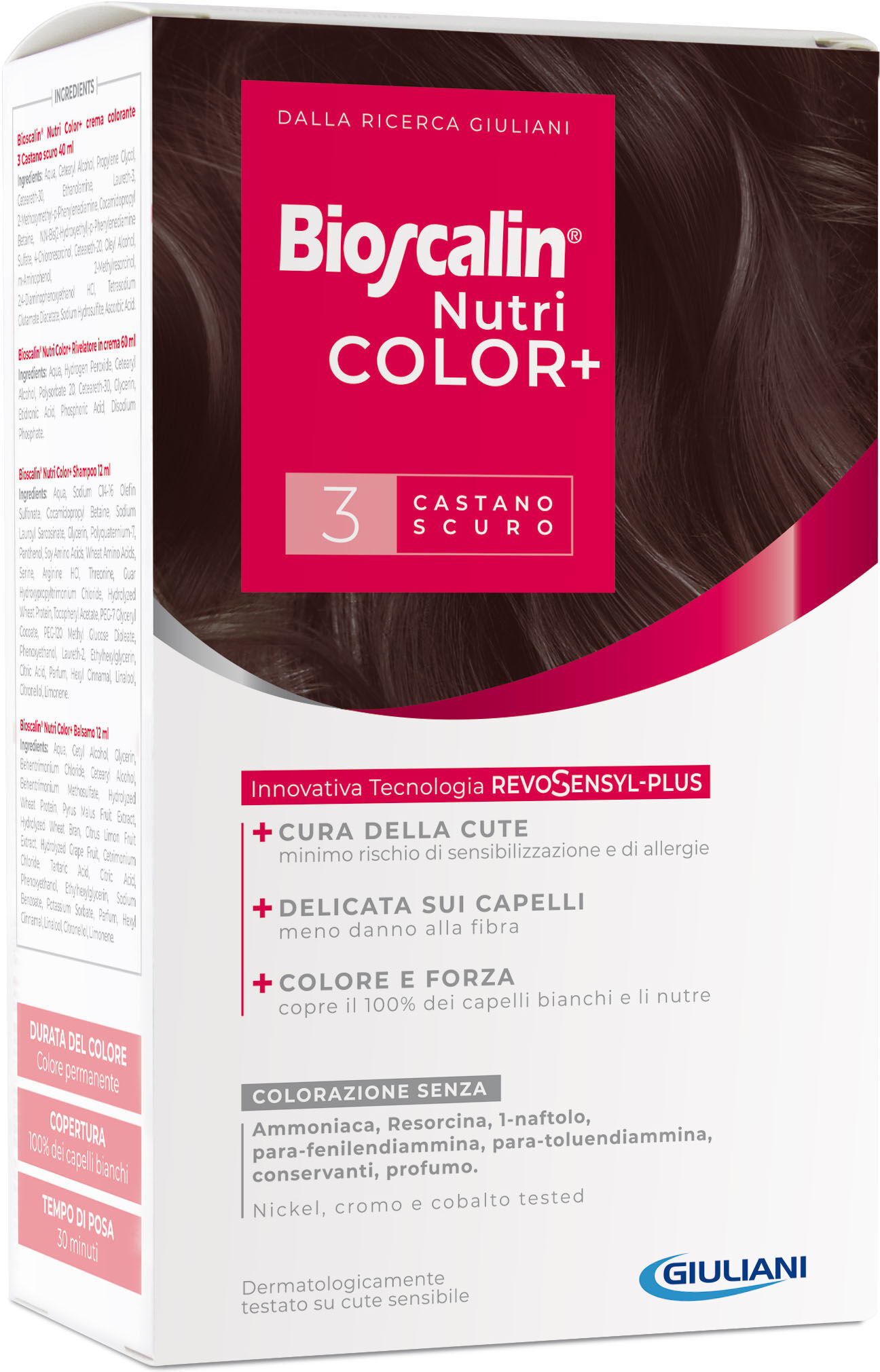 Bioscalin nutricolor plus 3 castano scuro crema colorante 40 ml + rivelatore crema 60 ml + shampoo 12 ml + trattamento finale balsamo 12 ml