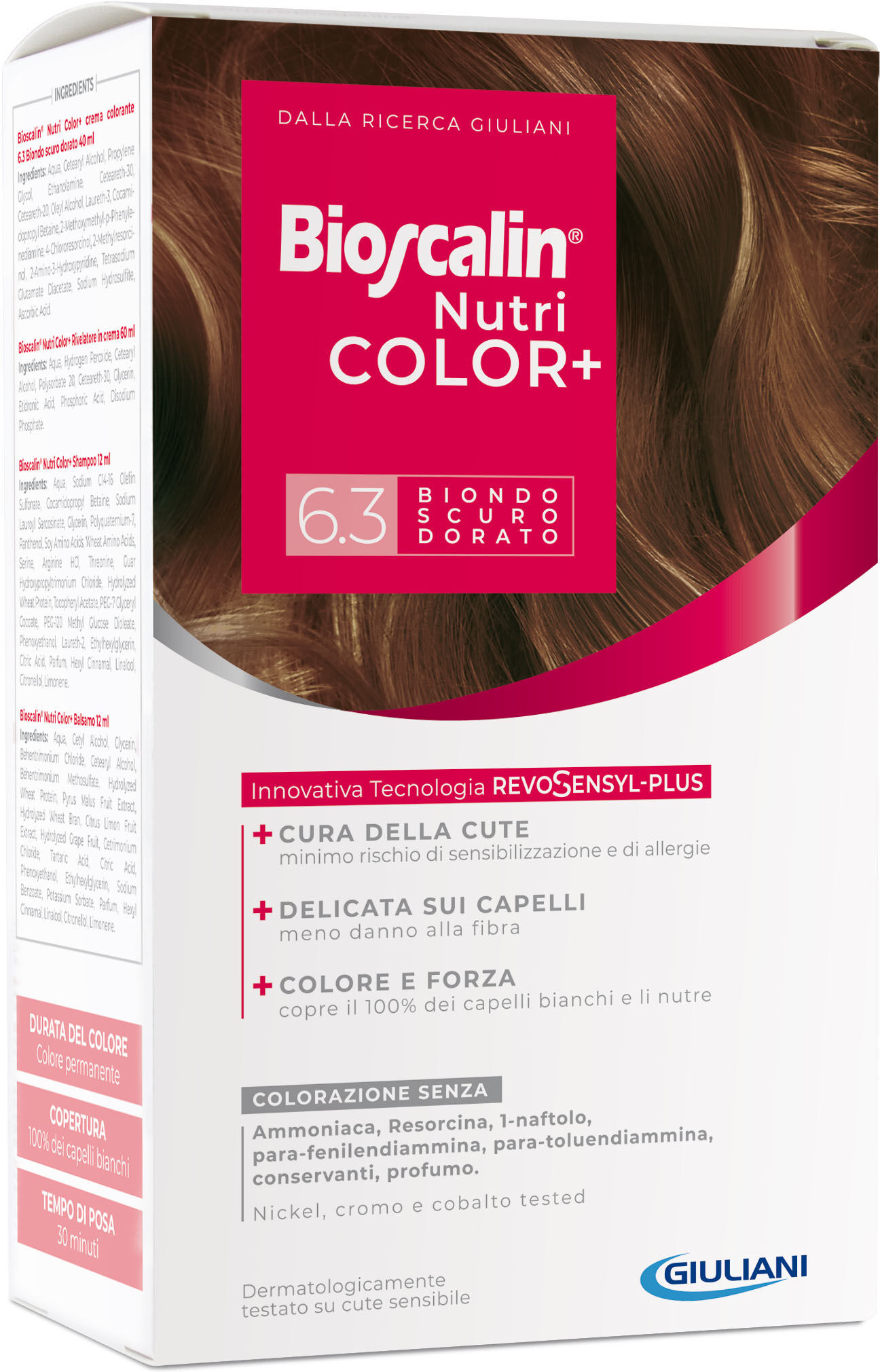 Bioscalin nutricolor plus 6,3 biondo scuro dorato crema colorante 40 ml + rivelatore crema 60 ml + shampoo 12 ml + trattamento finale balsamo 12 ml