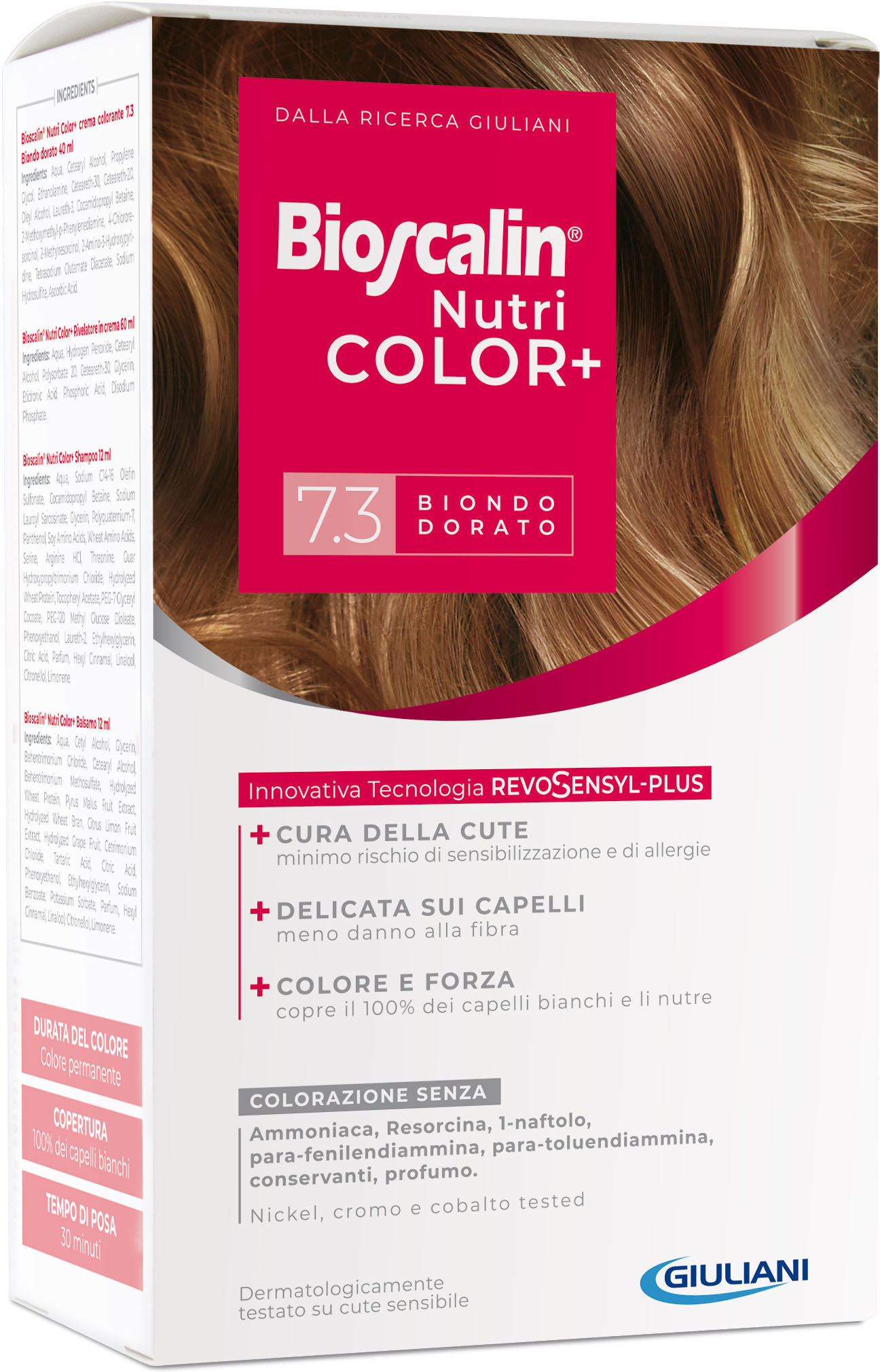 Bioscalin nutricolor plus 7,3 biondo dorato crema colorante 40 ml + rivelatore crema 60 ml + shampoo 12 ml + trattamento finale balsamo 12 ml