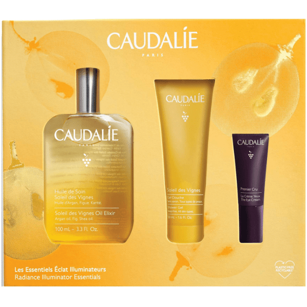 caudalie cofanetto gli essenziali di luminosità olio corpo 100ml + gel doccia 50ml + crema occhi 5 ml