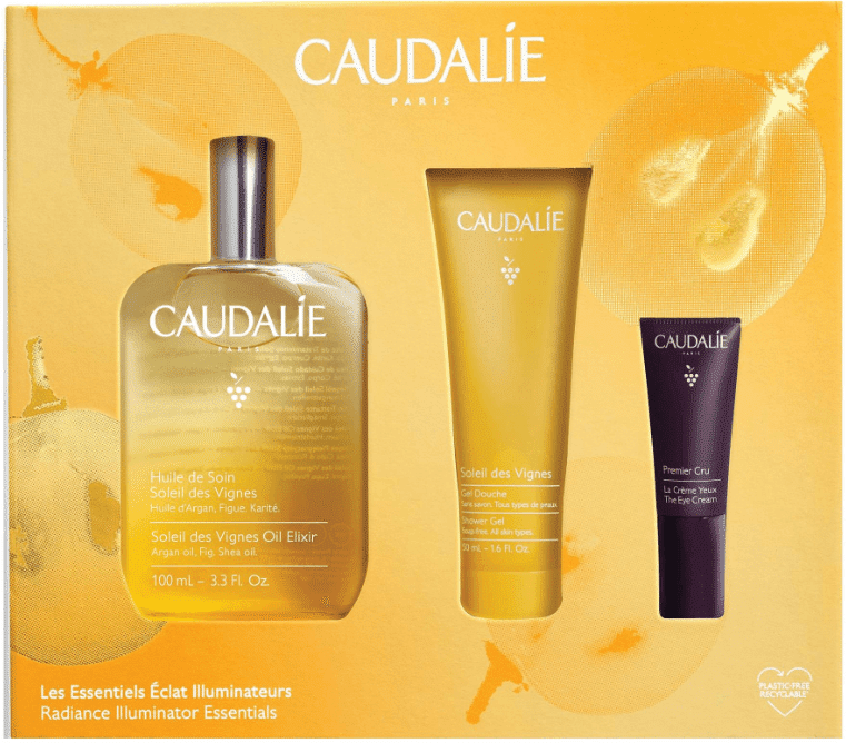 caudalie cofanetto gli essenziali di luminosità olio corpo 100ml + gel doccia 50ml + crema occhi 5 ml