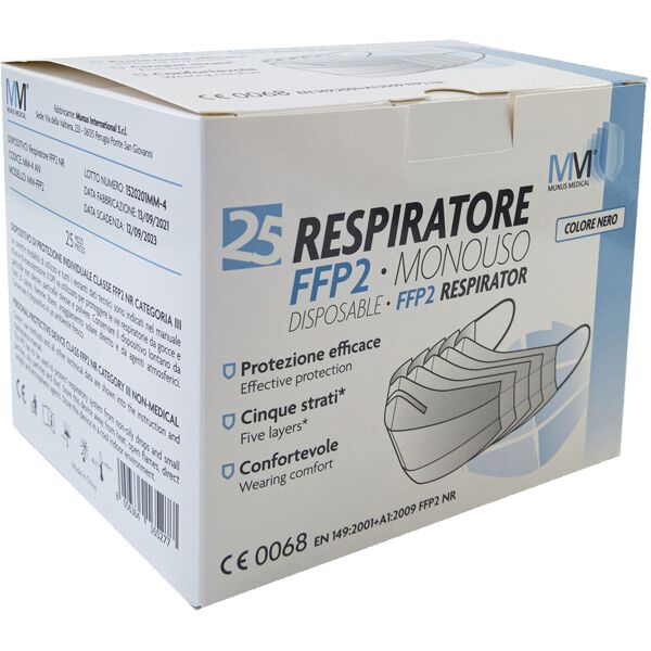 munus medical respiratore ffp2 nr classe iii nero 25 pezzi