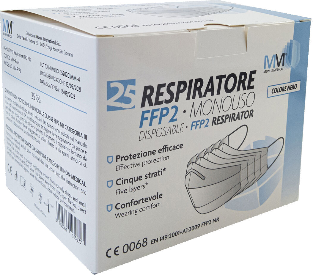 munus medical respiratore ffp2 nr classe iii nero 25 pezzi