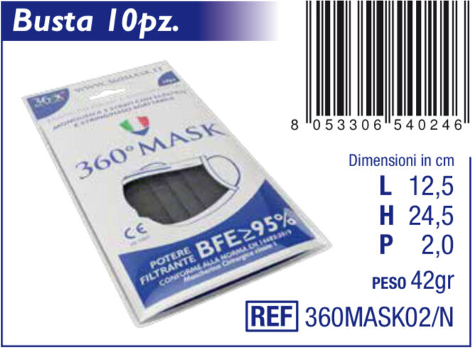 360 H.C. Srl Mascherina chirurgica 360mask02/n nera 10 pezzi