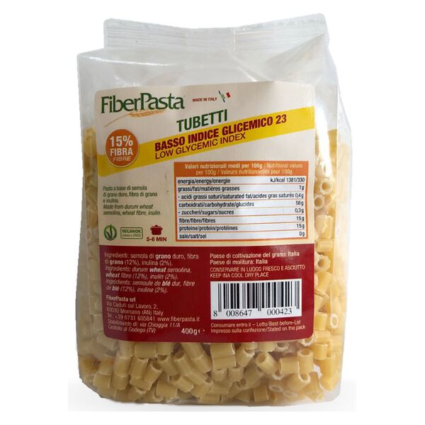 fiberpasta tubetti da brodo senza uovo a basso indice glicemico 400 g