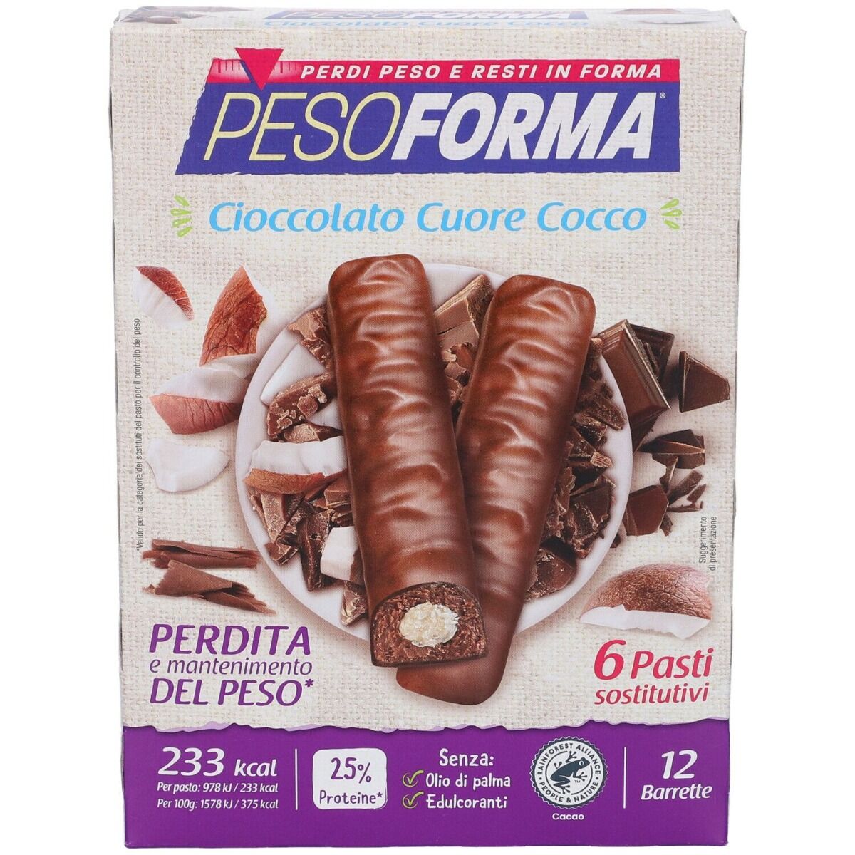 pesoforma pasto sostitutivo barrette al cioccolato cuore gusto cocco 12 pezzi
