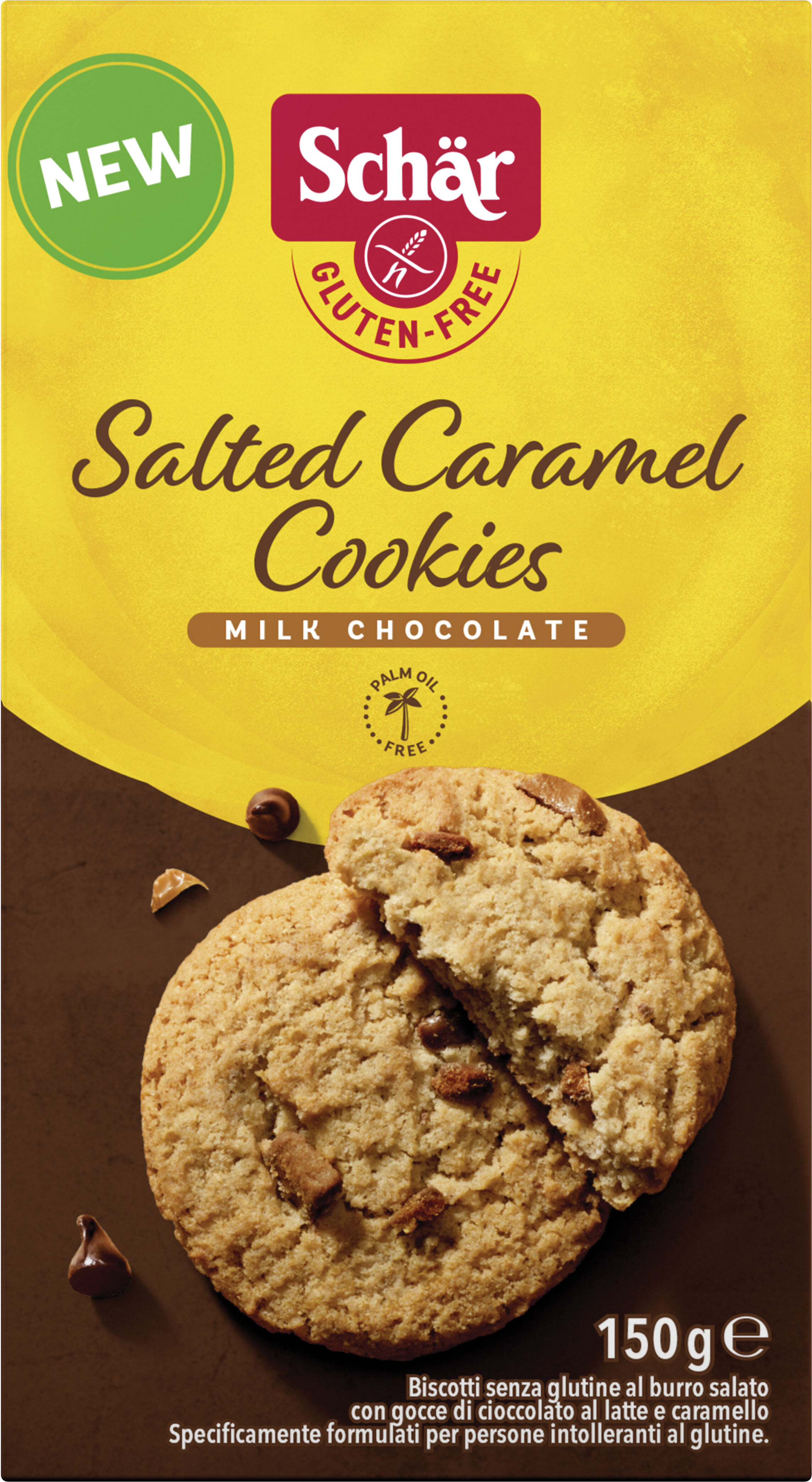 schar salted caramel cookies con gocce di cioccolato al latte e caramello 150 g