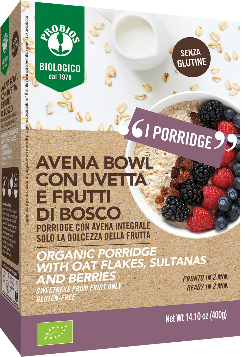 PROBIOS bio avena bowl frutti di bosco porridge con avena integrale 400 g