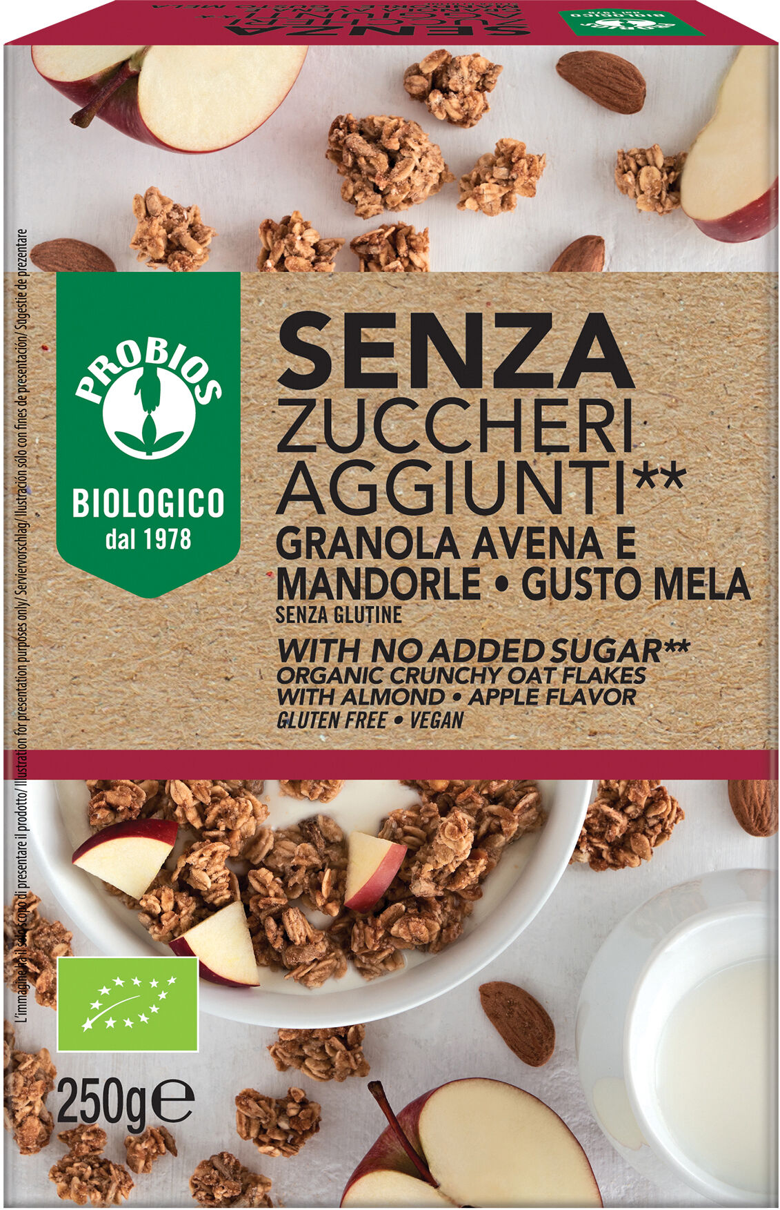 PROBIOS granola senza zuccheri aggiunti avena e mandorla e mela senza glutine 250 g