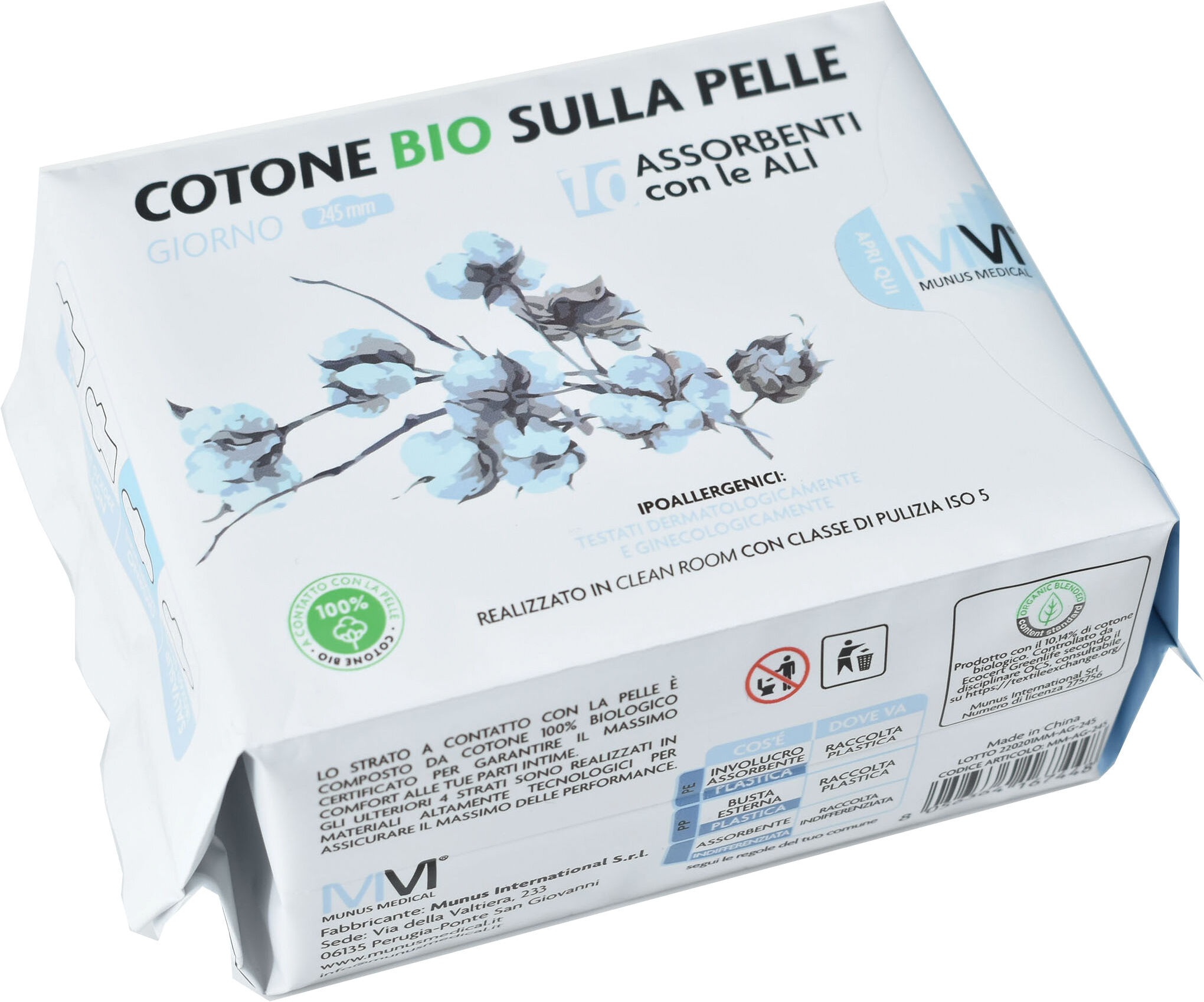 munus medical assorbente giorno con ali cotone bio sulla pelle 245 mm 10 pezzi