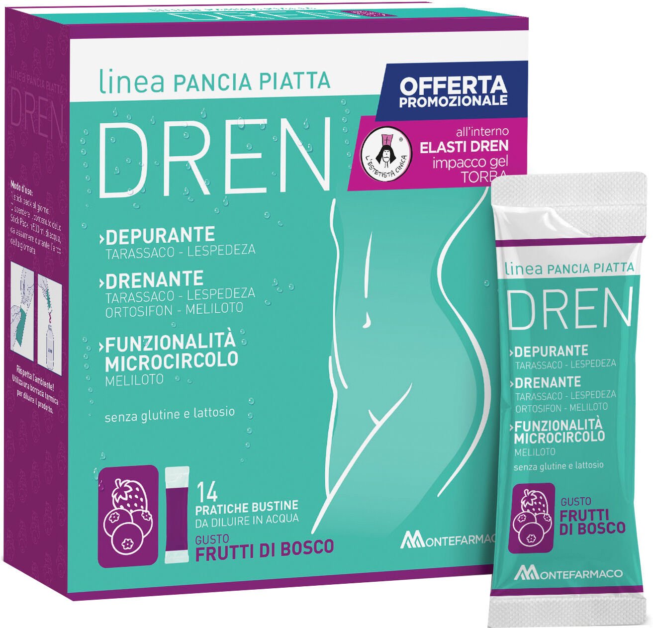 montefarmaco otc spa pancia piatta dren frutti di bosco 14 bustine stick pack + torba drenante