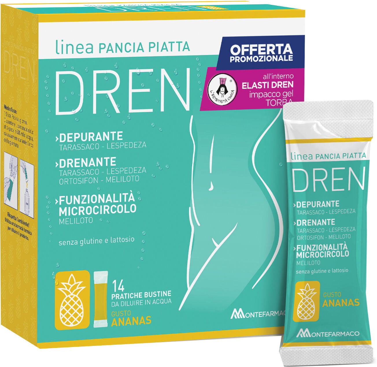 montefarmaco otc spa pancia piatta dren ananas 14 bustine stick pack + torba drenante