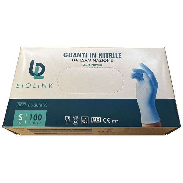 biolink srl guanto monouso bl-gunit in nitrile blu non sterile senza polvere con bordo ambidestro misura small 100 pezzi