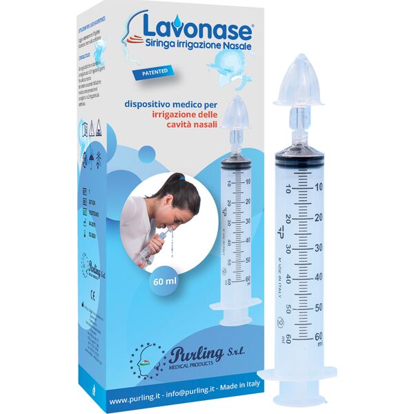 lavonase irrigazione nasale non sterile siringa 60 ml + luer-lock con cappuccio + ugello nasale con raccordo luer-lock + perforatore con valvola non ritorno con tappo