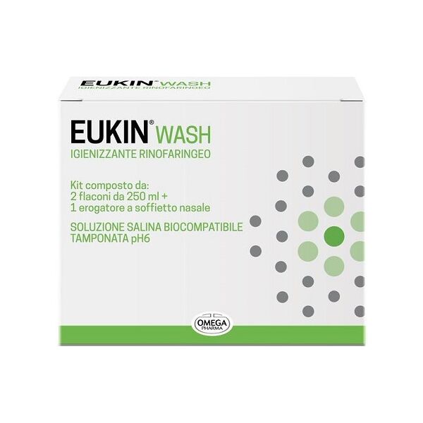 omega pharma eukin wash igienizzante rinofaringeo kit 2 flaconi da 250 ml + erogatore a soffietto nasale