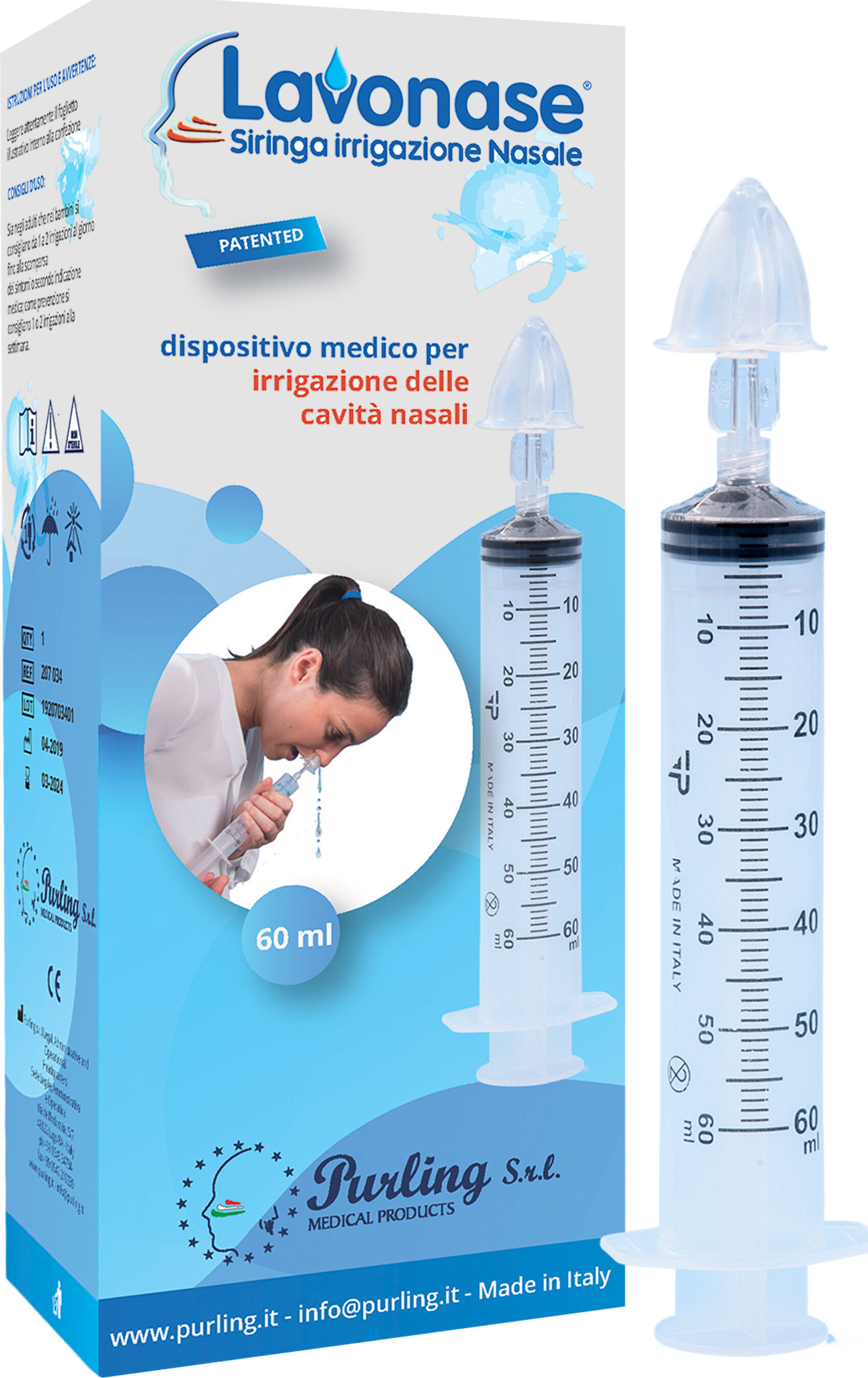 lavonase irrigazione nasale non sterile siringa 60 ml + luer-lock con cappuccio + ugello nasale con raccordo luer-lock + perforatore con valvola non ritorno con tappo