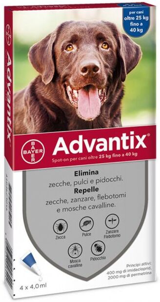 ADVANTIX Spot-On Cani Oltre 25 Kg fino a 40 kg 4 Pipette Monodose 4 ml