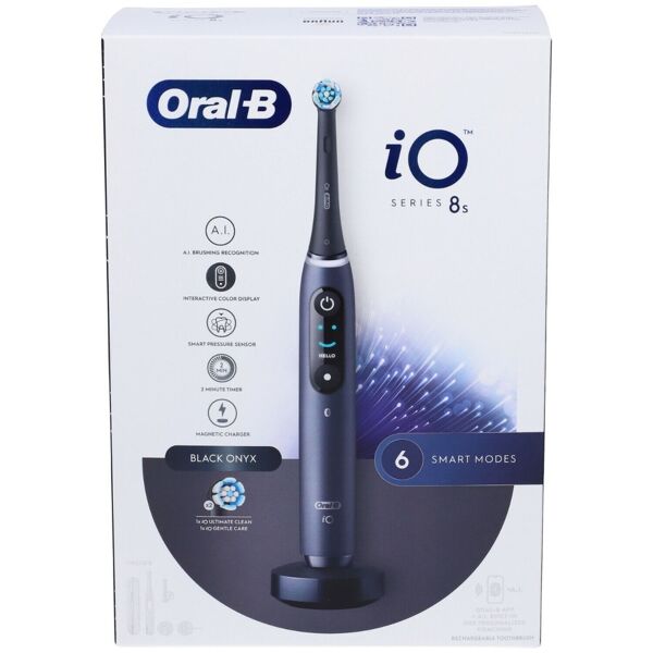 oral-b spazzolino elettrico ricaricabile io 8s nero, 2 testine, 1 custodia da viaggio, 1 spazzolino