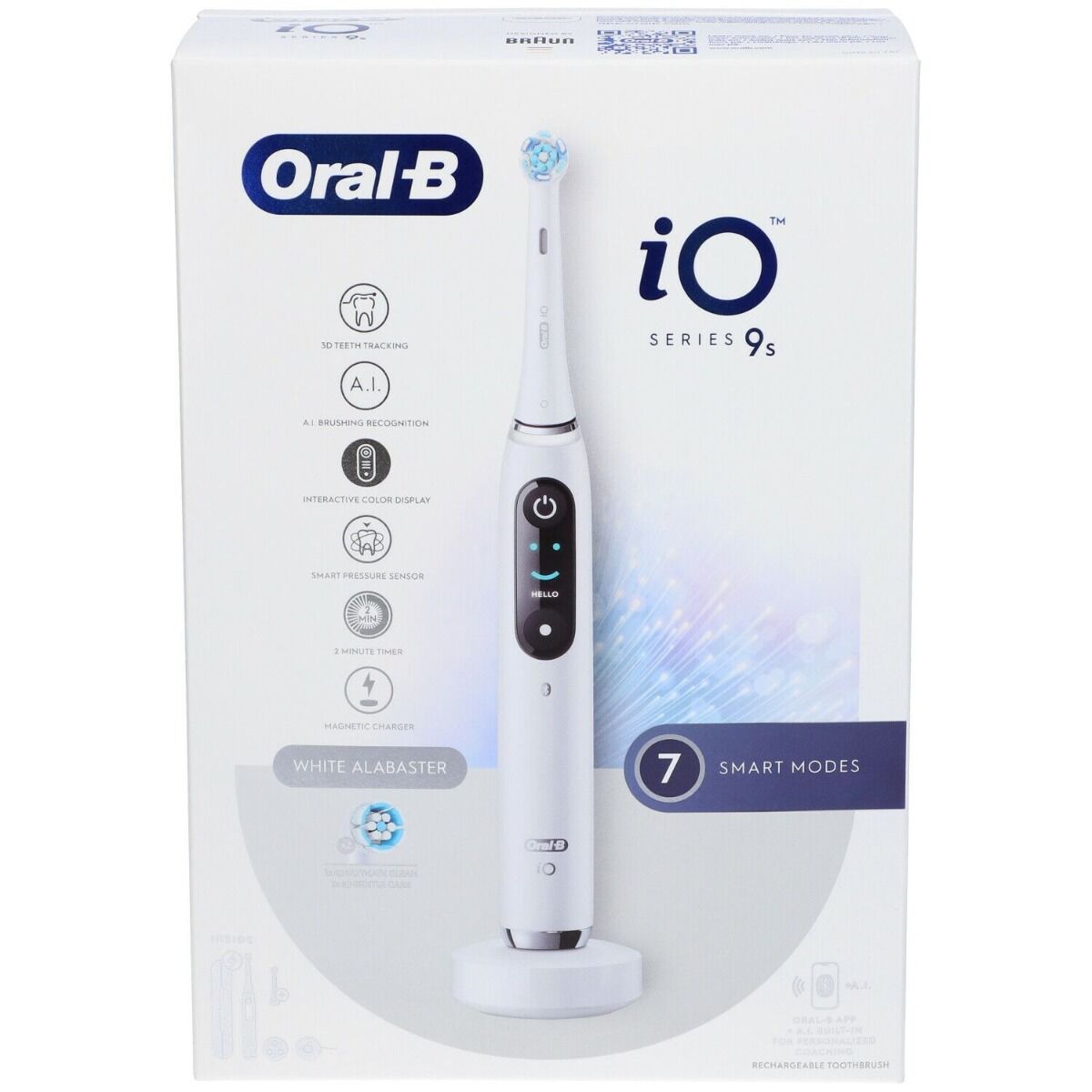 oral-b spazzolino elettrico ricaricabile io 9s bianco, 2 testine, 1 custodia da viaggio ricaricabile, 1 spazzolino