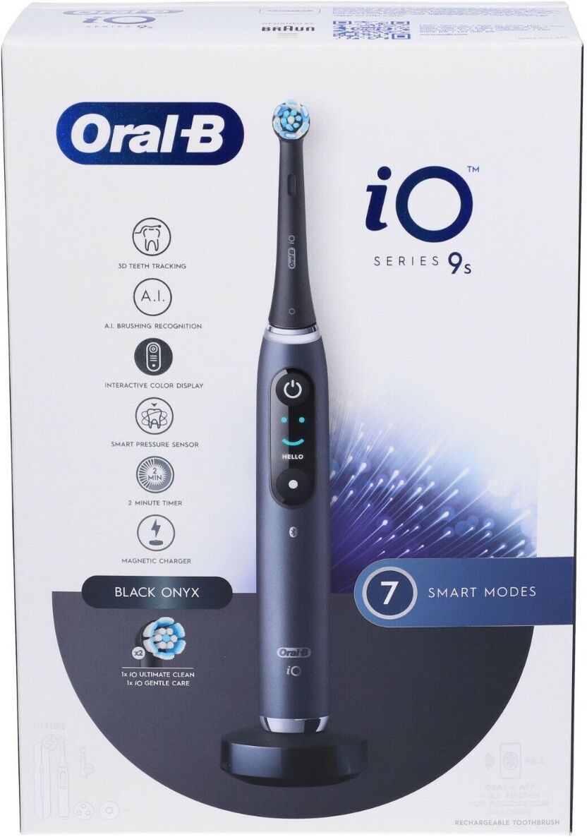 oral-b spazzolino elettrico ricaricabile io 9s nero, 2 testine, 1 custodia da viaggio ricaricabile, 1 spazzolino