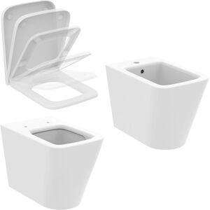 Ideal Standard Sanitari A Terra Filoparete Blend Cube Vaso Wc Aquablade Sedile Soft-Close Bidet Bianco Seta