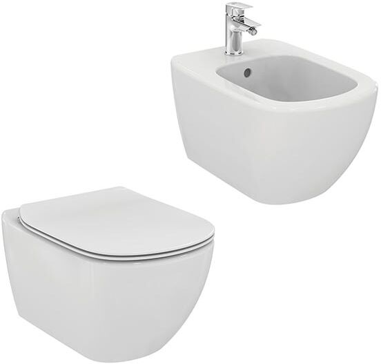 Ideal Standard Sanitari Sospesi Tesi Vaso Wc Aquablade Bidet Sedile Slim Soft-Close Chiusura Rallentata Colore Bianco Seta