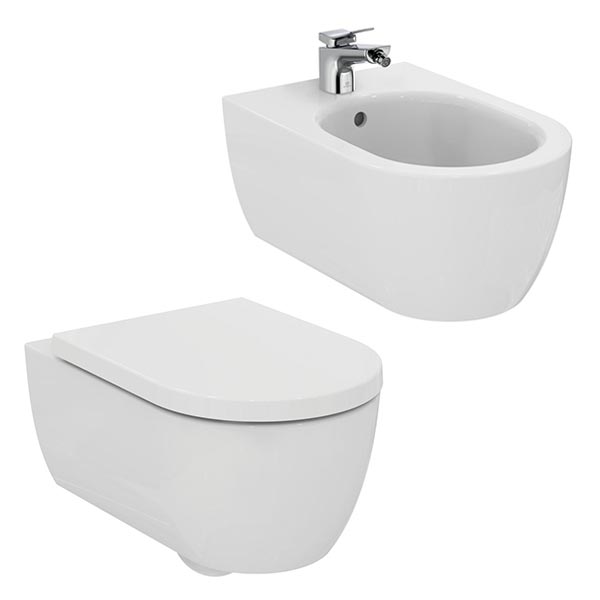 Ideal Standard Curve Sanitari Sospesi Fissaggi Nascosti Vaso Wc Aquablade + Sedile Soft Close + Bidet Monoforo