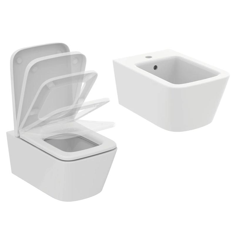 Ideal Standard Sanitari Sospesi Blend Cube Vaso Wc Aquablade Sedile Soft-Close Bidet Bianco Seta