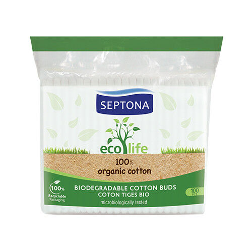 Septona Bastoncini biodegradabili per orecchie in cotone organico Ecolife, 100 bastoncini