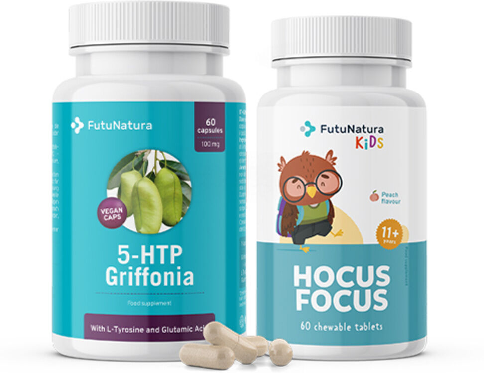 FutuNatura Per una miglior focus: 5-HTP per adulti + HOCUS FOCUS per bambini, set