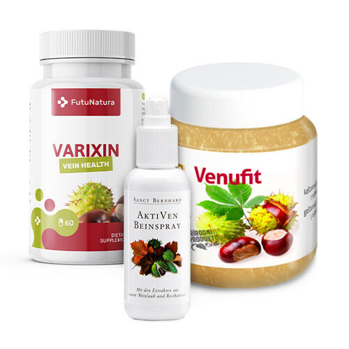 FutuNatura Per le gambe e i vasi sanguigni: Varixin + Spray per gambe stanche + Gel alla castagna con rutina, kit