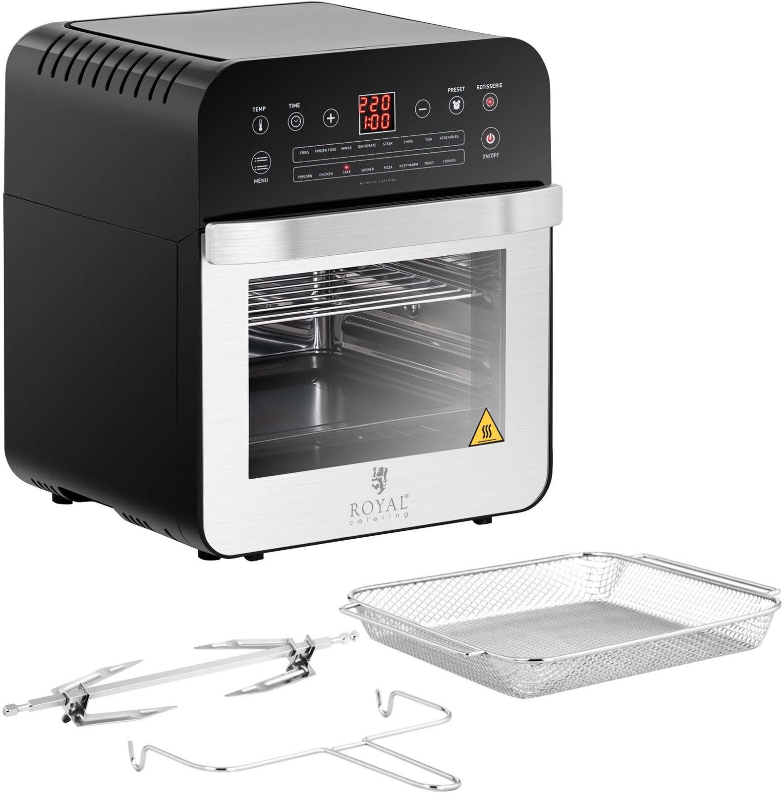 Royal Catering Friggitrice ad aria - 1.600 W - 13 programmi - Con griglia, teglia, spiedo e ciotola raccogligocce RCAF-12L