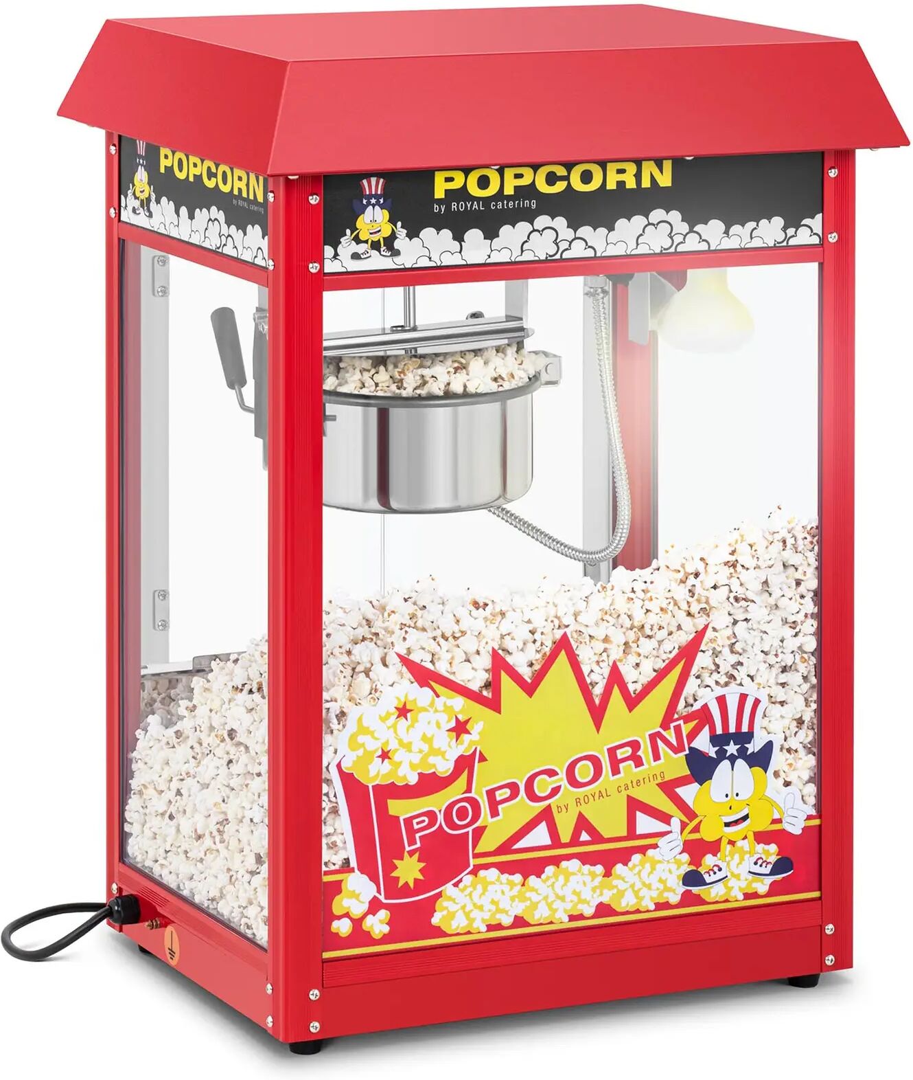 royal catering macchina per popcorn piccola - acciaio inossidabile rosso con vetro temperato e bollitore rivestito in teflon rcpr-16e