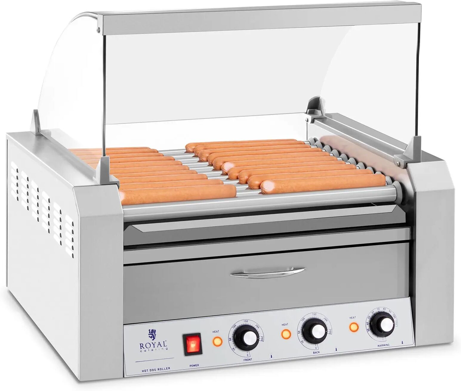 royal catering cuoci hot dog - 11 rulli - cassetto scaldavivande - acciaio inox rchg-11wo