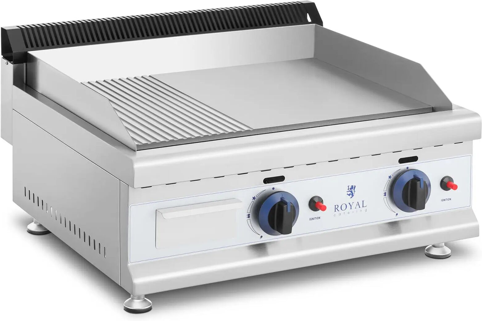 royal catering griglia fry top a gas - piastra in acciaio rigata e liscia - 60 x 40 cm - 2 x 3.100 w - gas naturale - 20 mbar rc-gghr600