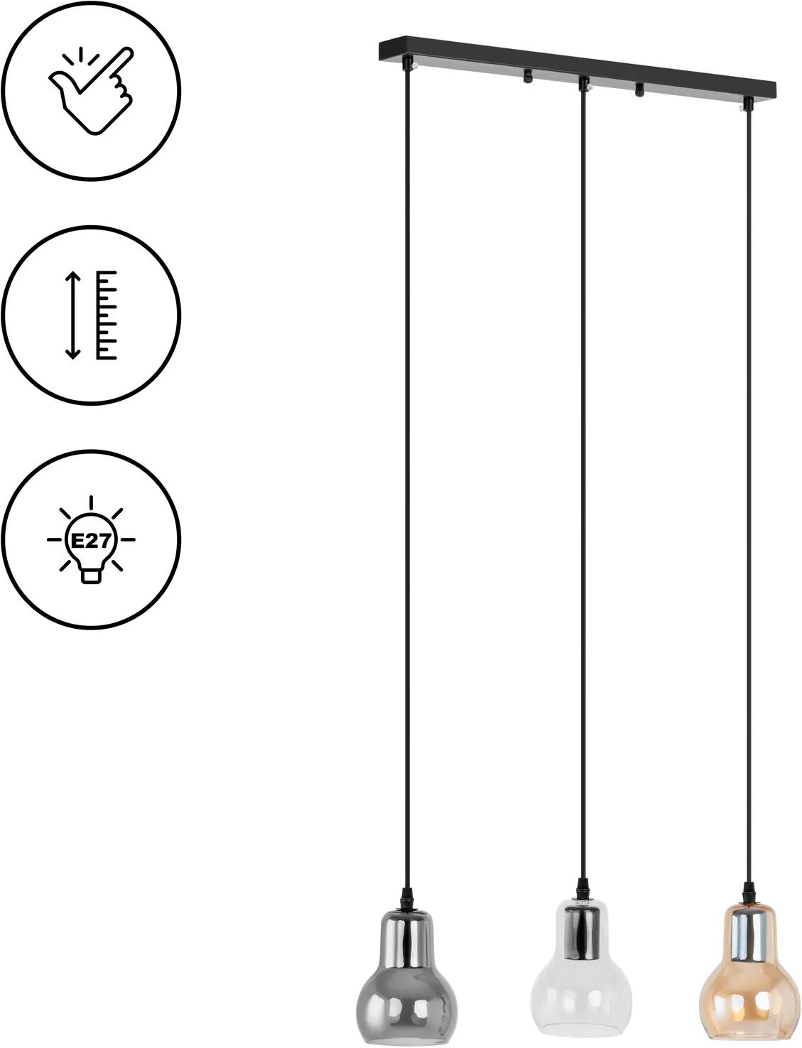 Uniprodo Lampada a sospensione - 3 punti luce - Forma a campana in vetro fumé UNI_LD_03