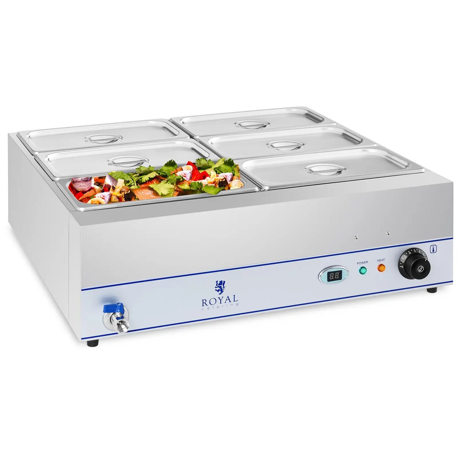 royal catering bagnomaria - 2000 w - 6 x contenitori gn 1/3 - con rubinetto di scarico rcbm-6w-2000