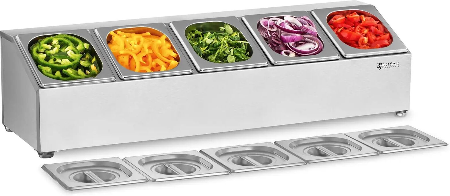 royal catering espositore gn in acciaio inox - inclusi 5 contenitori gn 1/6 con coperchio rcpn 5