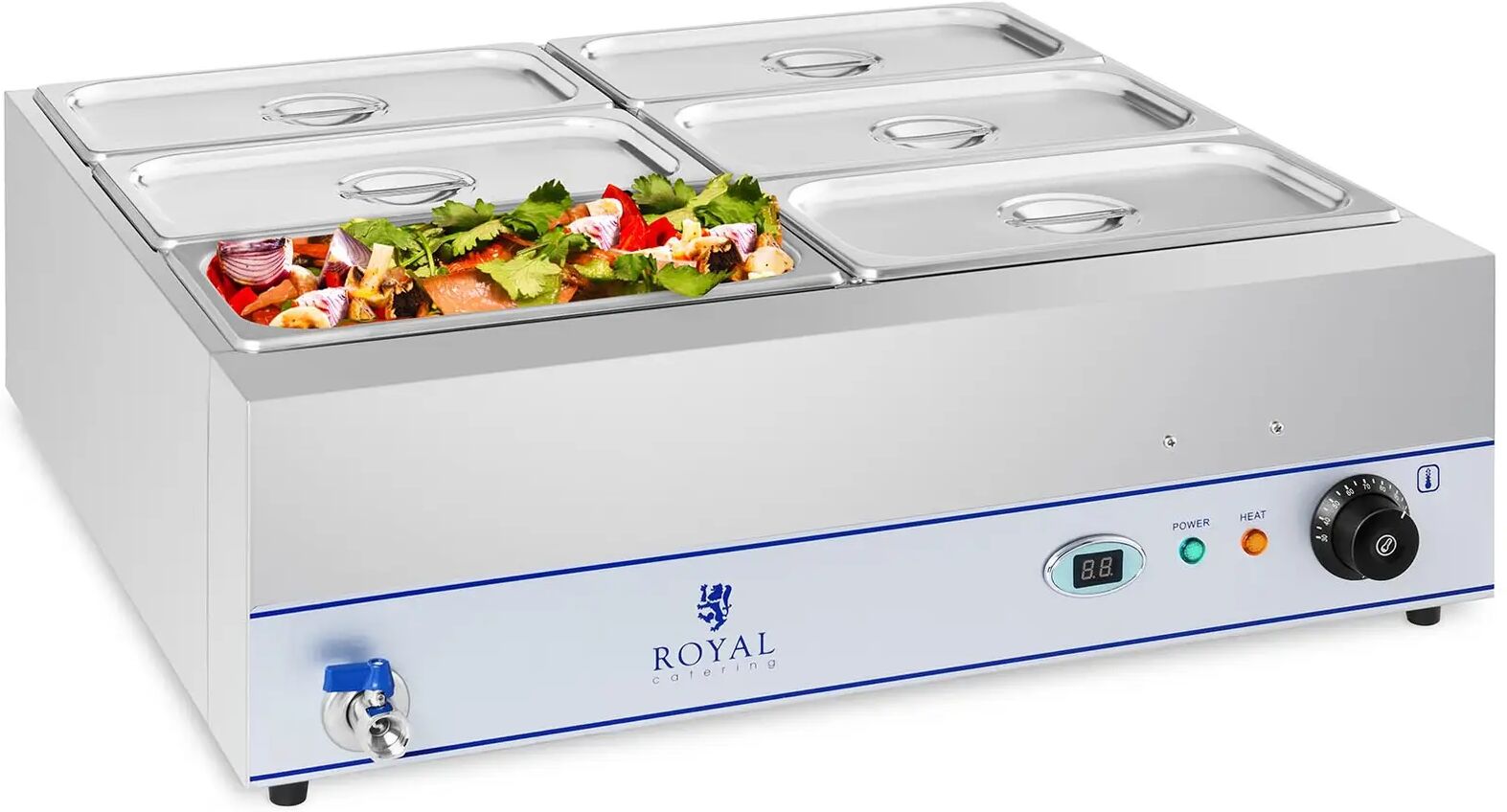 Royal Catering Bagnomaria - 2000 W - 6 x Contenitori GN 1/3 - Con rubinetto di scarico RCBM-6W-2000