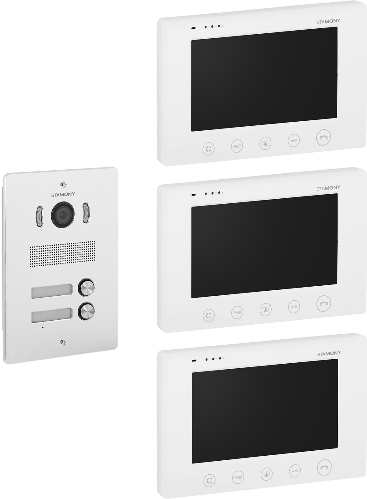 Stamony Kit videocitofono bifamiliare - 3 monitor - Display 17,8 cm - Telecamera esterna, apriporta e apricancello ST-VP-300 Stamony Kit videocitofono bifamiliare - 3 monitor - Display 17,8 cm - Telecamera esterna, apriporta e apricancello ST-VP-300
