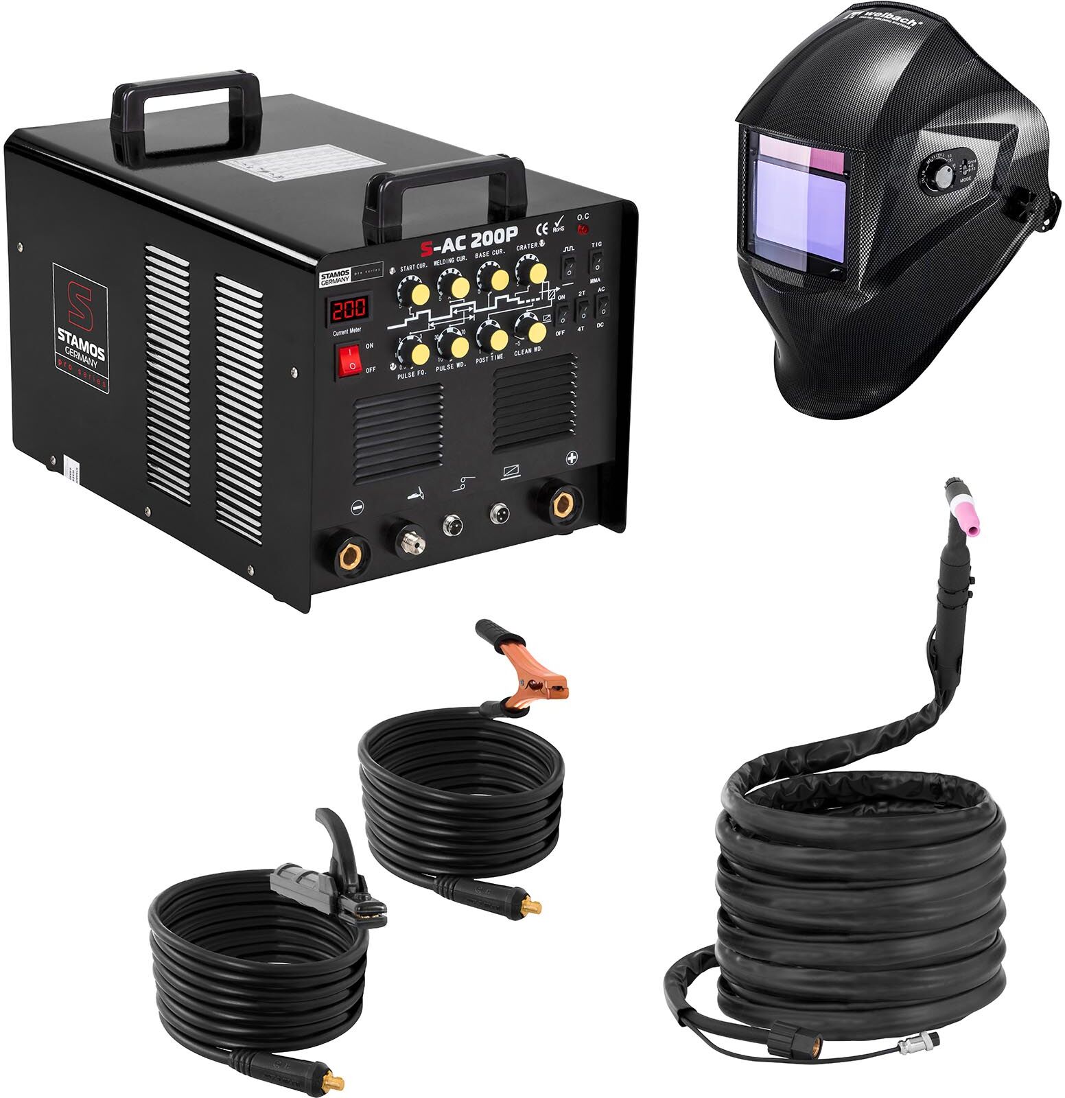 Stamos Pro Series Set di saldatura Saldatrice alluminio- 200 A - 230 V - Pedale incl. + Casco da saldatore - Carbonic - PROFESSIONAL SERIES