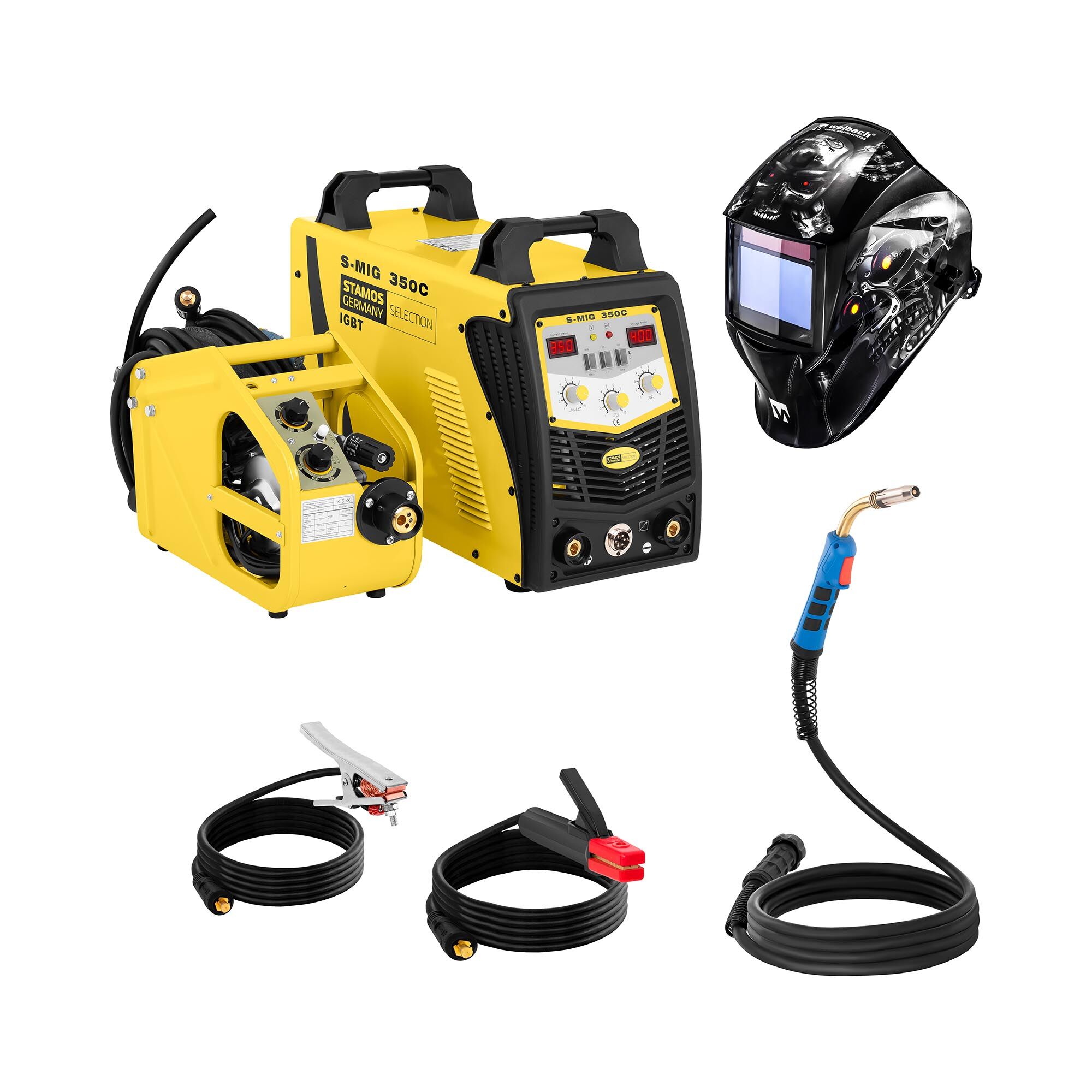 Stamos Selection Set di saldatura Saldatrice a filo - 350 A - 400 V - 2/4 Tempi + Maschera da saldatore - Metalator - EXPERT SERIES Stamos Selection Set di saldatura Saldatrice a filo - 350 A - 400 V - 2/4 Tempi + Maschera da saldatore - Metalator - EXPERT SERIES